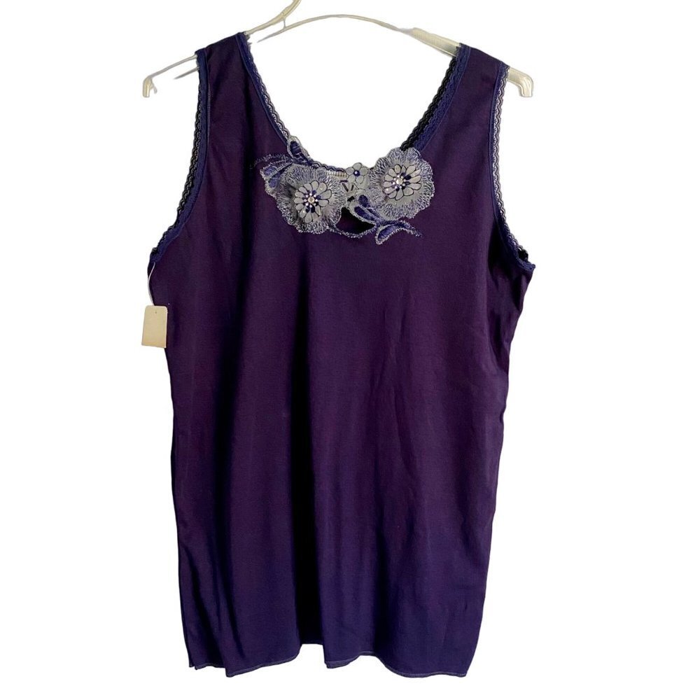 Lanie New York Blue Sleeveless Top with Embellished Flowers at Neckline Women's